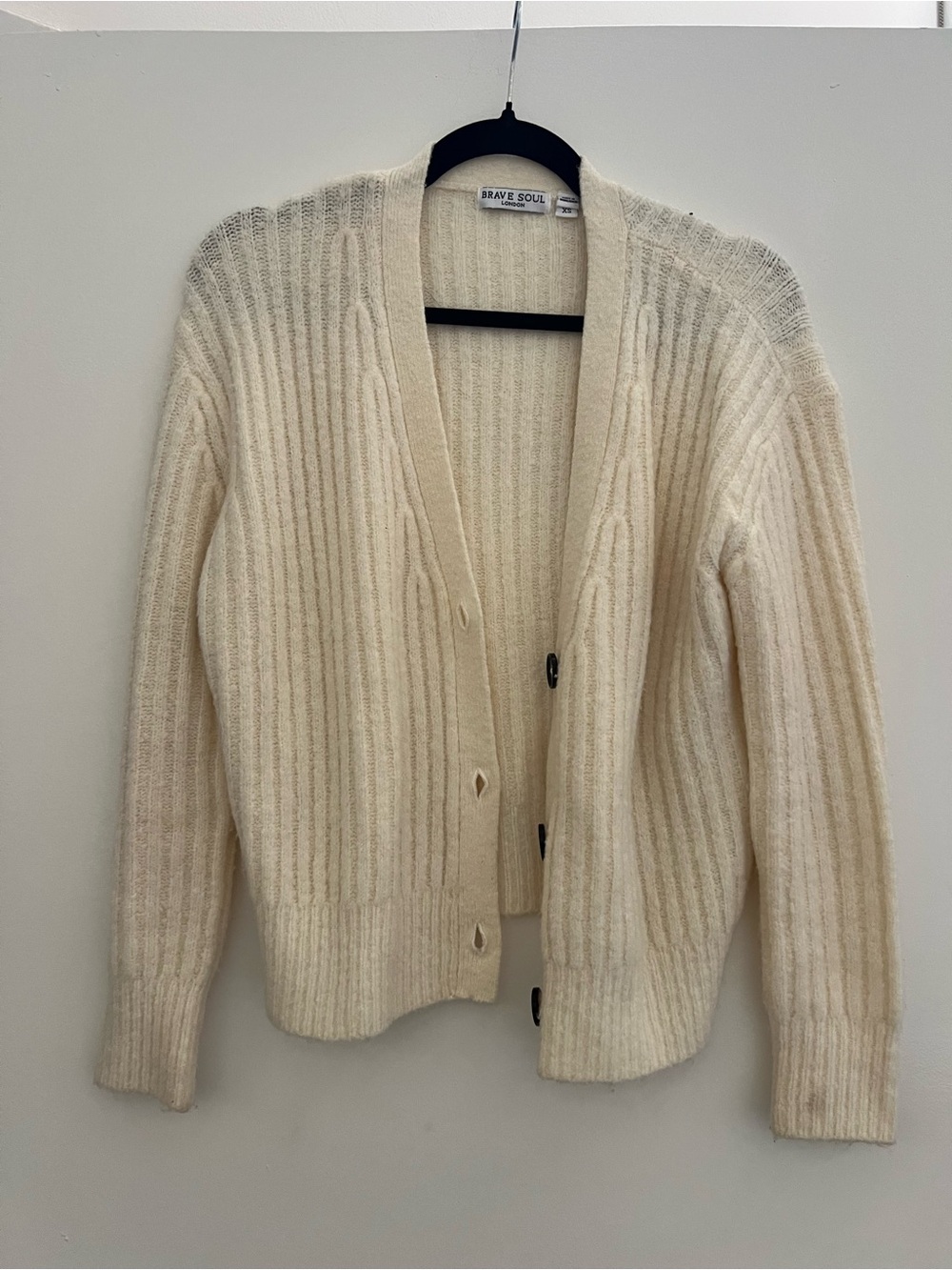 Brave Soul Ivory Ribbed Button-Up Cardigan